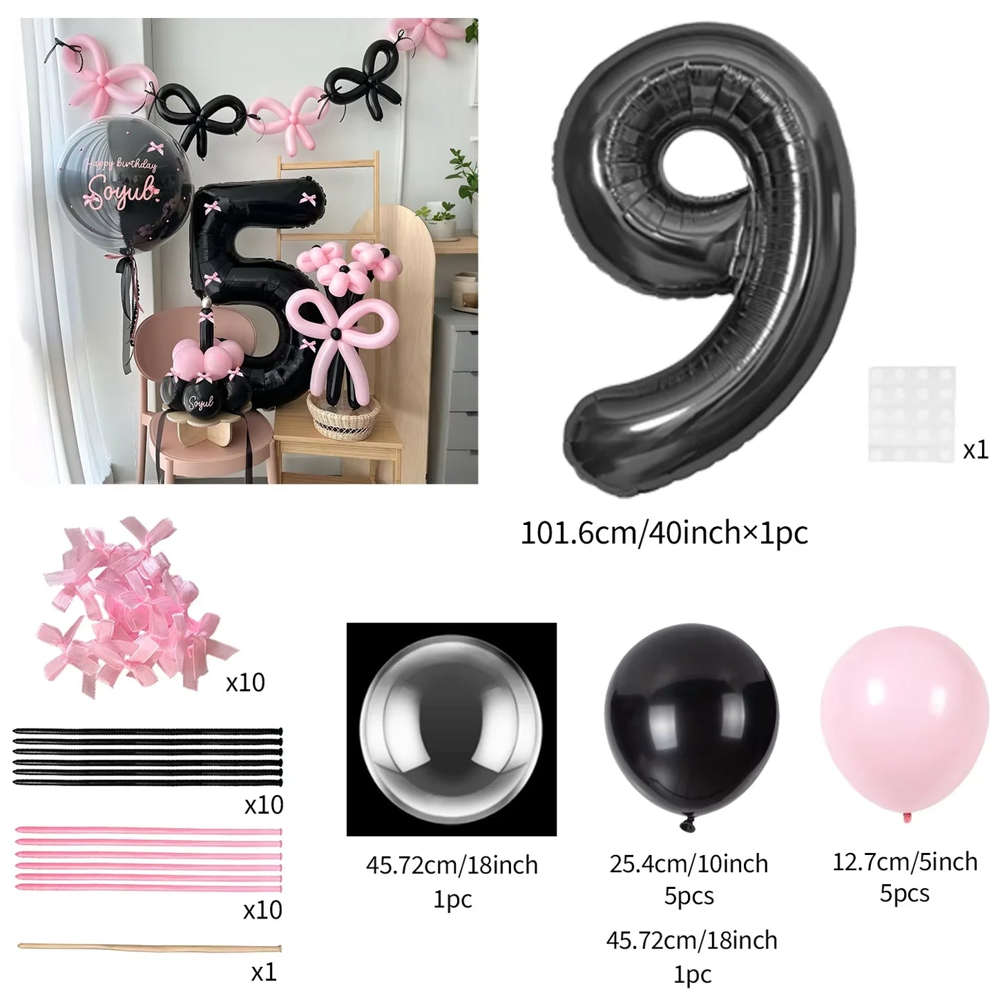 Pink Balloon Set - 45 Pieces with Black Number Balloons 0-9 for Girls Birthday  Anniversary Decoration - ZOOMNSTORE