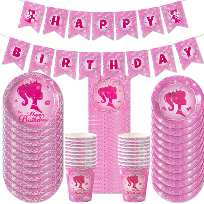 Pink Princess Party Tableware Set - Disposable Plates Cups  Napkins for Girls Birthday or Baby Shower - ZOOMNSTORE