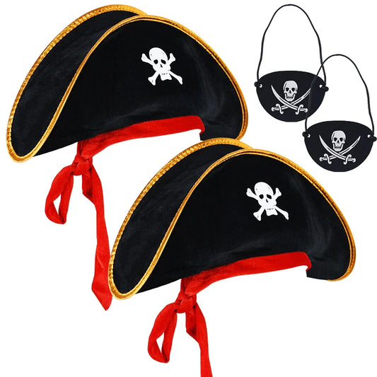 2pcs/set Pirate Hat And Pirate Skull Eye Patches Halloween Cosplay Captain Cap Headband For Adult Kids Birthday Party Decor Prop - ZOOMNSTORE