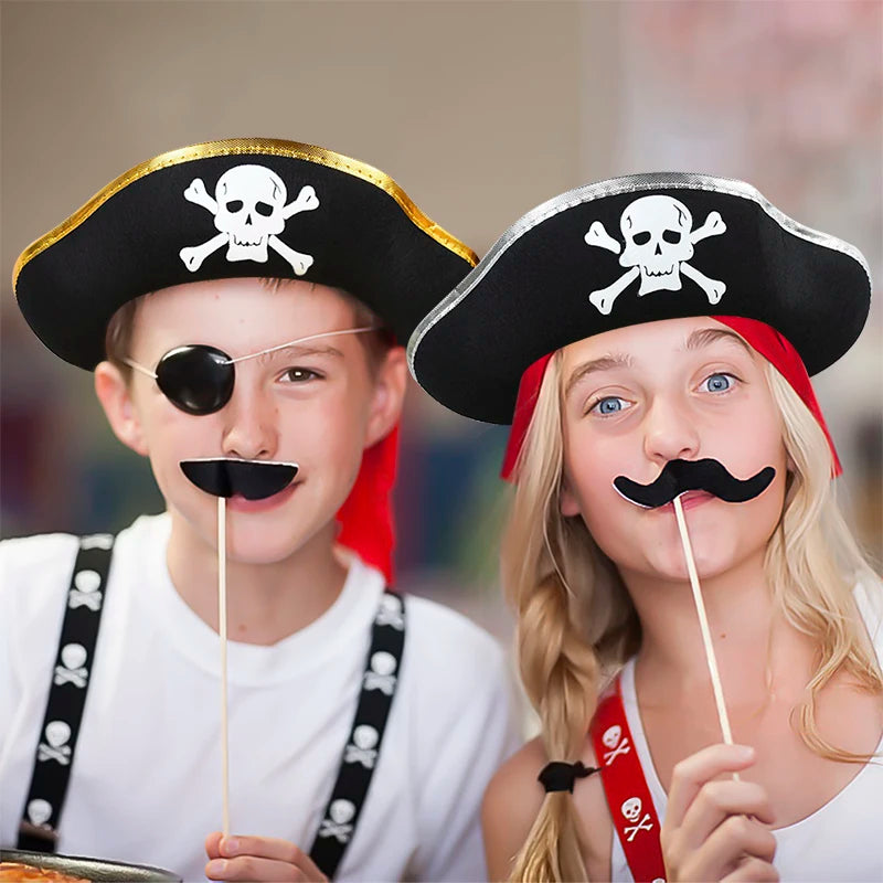 2pcs/set Pirate Hat And Pirate Skull Eye Patches Halloween Cosplay Captain Cap Headband For Adult Kids Birthday Party Decor Prop - ZOOMNSTORE