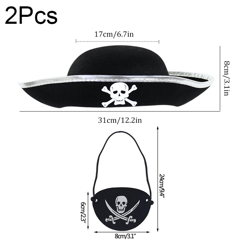 2pcs/set Pirate Hat And Pirate Skull Eye Patches Halloween Cosplay Captain Cap Headband For Adult Kids Birthday Party Decor Prop - ZOOMNSTORE