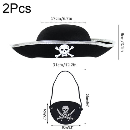 2pcs/set Pirate Hat And Pirate Skull Eye Patches Halloween Cosplay Captain Cap Headband For Adult Kids Birthday Party Decor Prop - ZOOMNSTORE