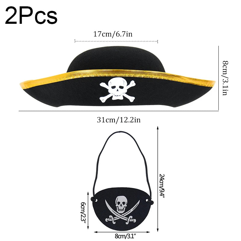 2pcs/set Pirate Hat And Pirate Skull Eye Patches Halloween Cosplay Captain Cap Headband For Adult Kids Birthday Party Decor Prop - ZOOMNSTORE