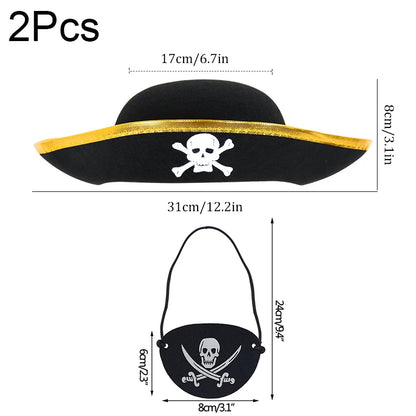 2pcs/set Pirate Hat And Pirate Skull Eye Patches Halloween Cosplay Captain Cap Headband For Adult Kids Birthday Party Decor Prop - ZOOMNSTORE
