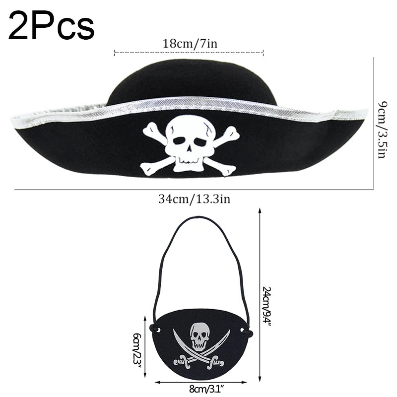 2pcs/set Pirate Hat And Pirate Skull Eye Patches Halloween Cosplay Captain Cap Headband For Adult Kids Birthday Party Decor Prop - ZOOMNSTORE