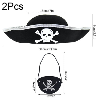 2pcs/set Pirate Hat And Pirate Skull Eye Patches Halloween Cosplay Captain Cap Headband For Adult Kids Birthday Party Decor Prop - ZOOMNSTORE
