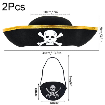 2pcs/set Pirate Hat And Pirate Skull Eye Patches Halloween Cosplay Captain Cap Headband For Adult Kids Birthday Party Decor Prop - ZOOMNSTORE
