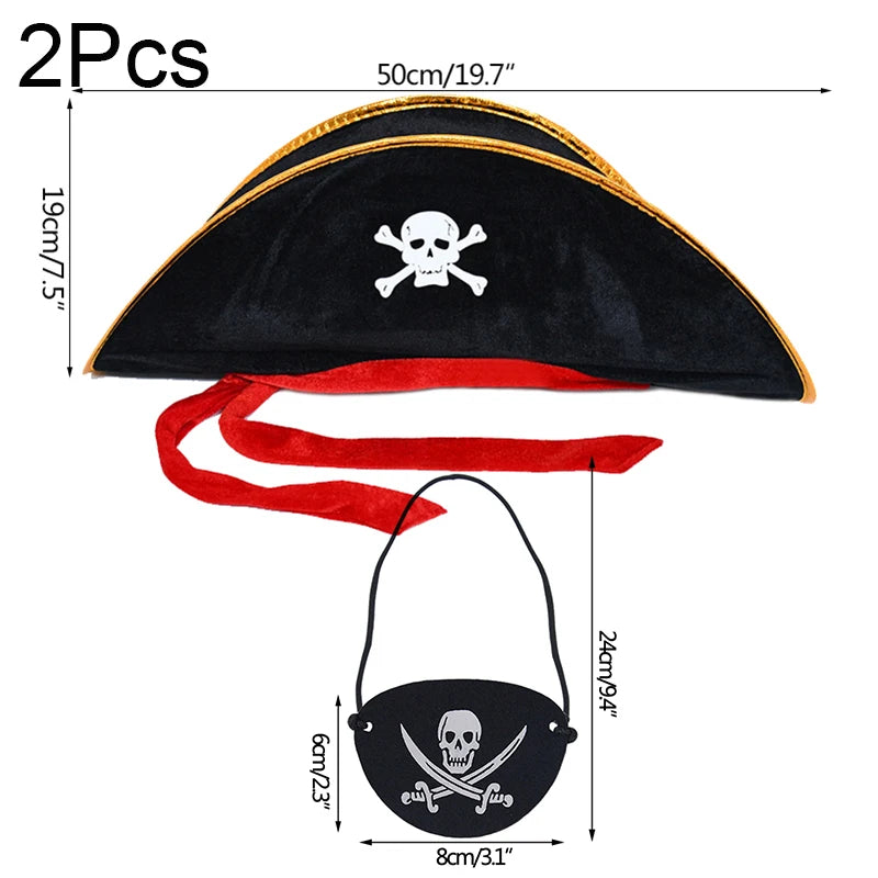 2pcs/set Pirate Hat And Pirate Skull Eye Patches Halloween Cosplay Captain Cap Headband For Adult Kids Birthday Party Decor Prop - ZOOMNSTORE