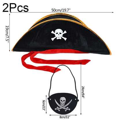 2pcs/set Pirate Hat And Pirate Skull Eye Patches Halloween Cosplay Captain Cap Headband For Adult Kids Birthday Party Decor Prop - ZOOMNSTORE