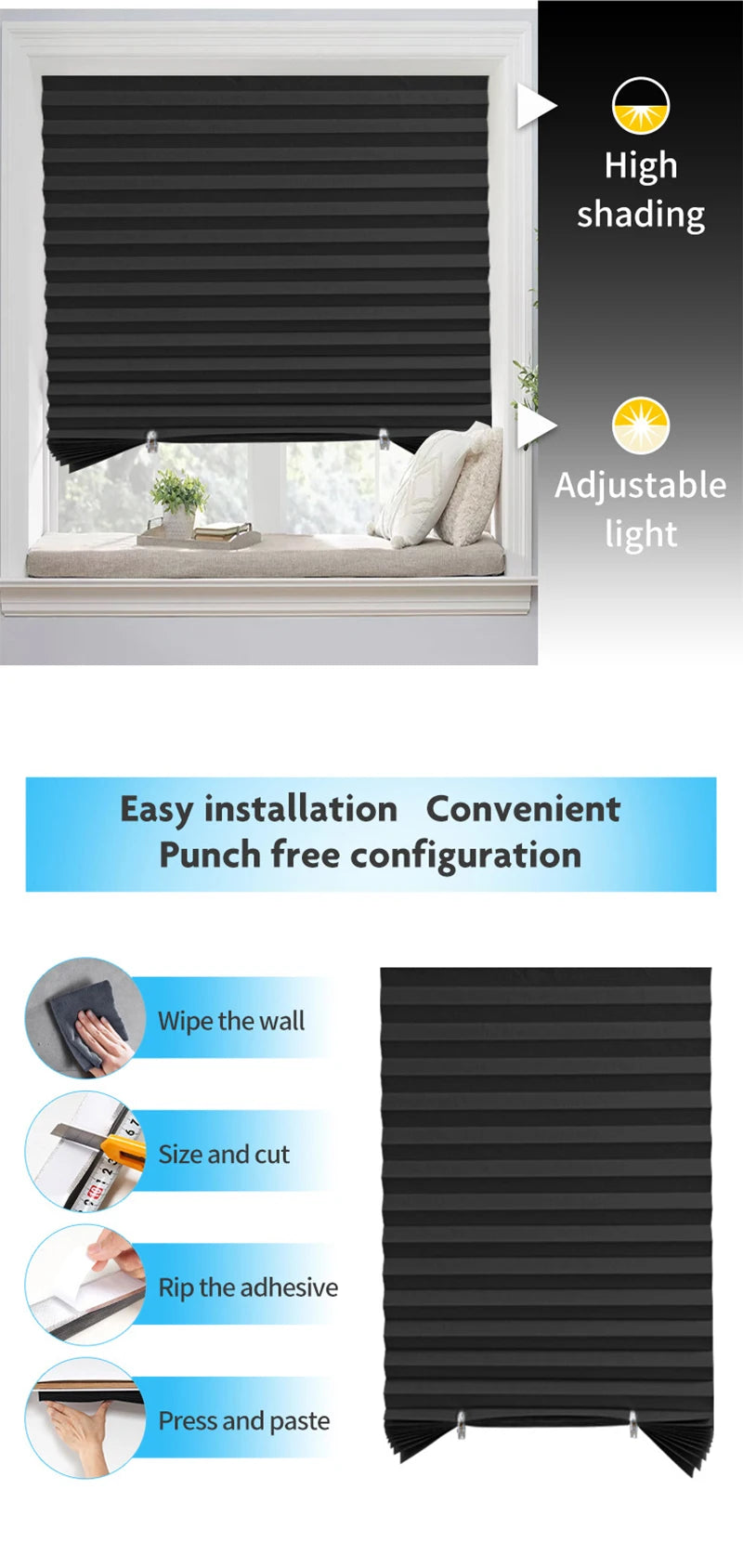 Pleated Blackout Blind – Self-Adhesive Window Shade Curtain for Bathroom & Kitchen - ZOOMNSTORE