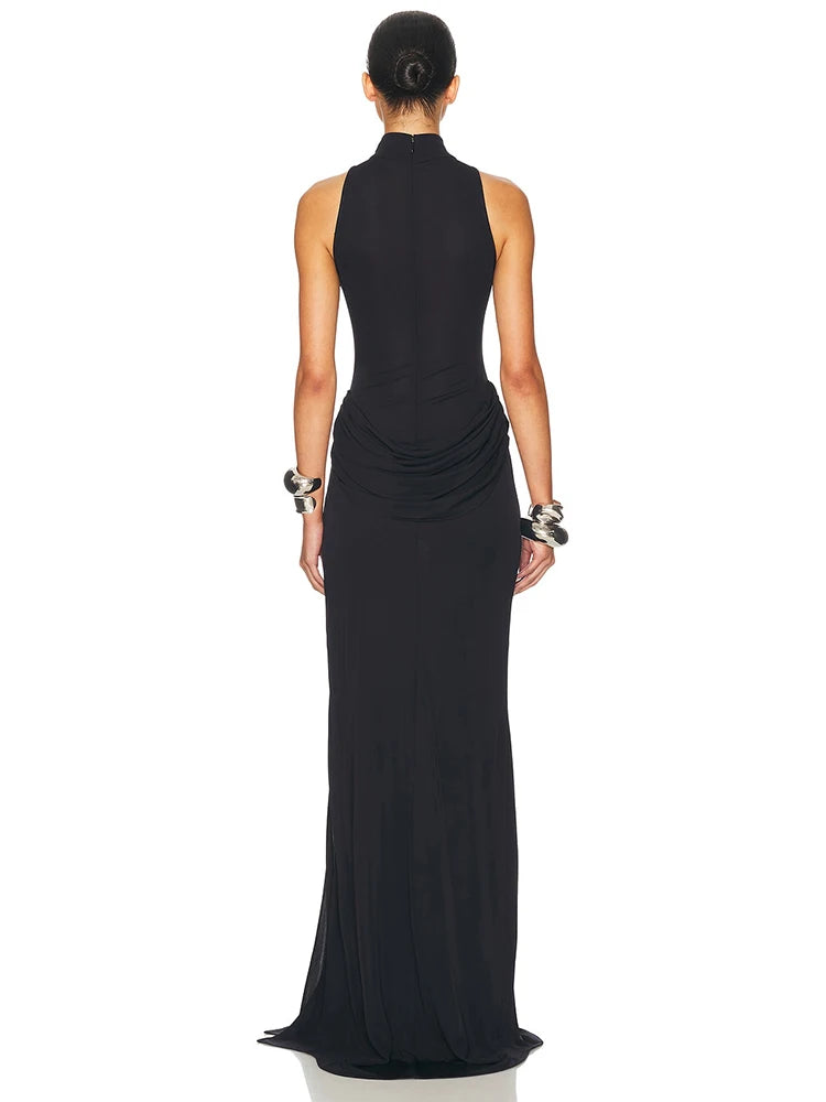 Pleated Maxi Dress - Off Shoulder Turtleneck Sleeveless High Waist Thigh Split Gown - ZOOMNSTORE