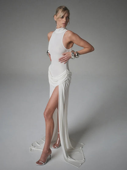Pleated Maxi Dress - Off Shoulder Turtleneck Sleeveless High Waist Thigh Split Gown - ZOOMNSTORE