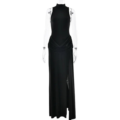 Pleated Maxi Dress - Off Shoulder Turtleneck Sleeveless High Waist Thigh Split Gown - ZOOMNSTORE