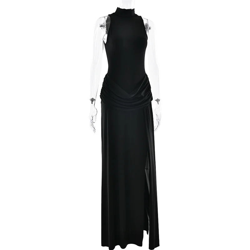 Pleated Maxi Dress - Off Shoulder Turtleneck Sleeveless High Waist Thigh Split Gown - ZOOMNSTORE