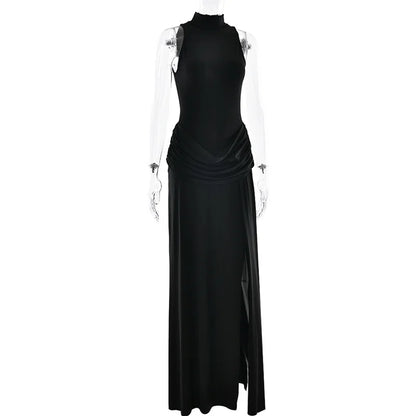 Pleated Maxi Dress - Off Shoulder Turtleneck Sleeveless High Waist Thigh Split Gown - ZOOMNSTORE