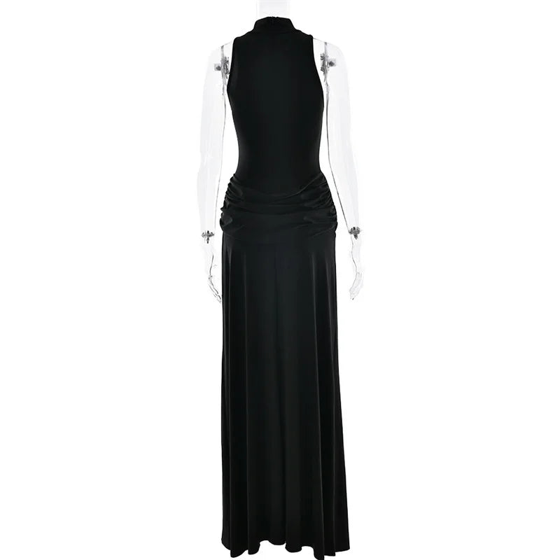 Pleated Maxi Dress - Off Shoulder Turtleneck Sleeveless High Waist Thigh Split Gown - ZOOMNSTORE