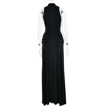 Pleated Maxi Dress - Off Shoulder Turtleneck Sleeveless High Waist Thigh Split Gown - ZOOMNSTORE