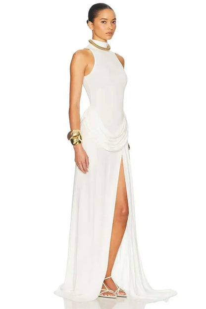 Pleated Maxi Dress - Off Shoulder Turtleneck Sleeveless High Waist Thigh Split Gown - ZOOMNSTORE