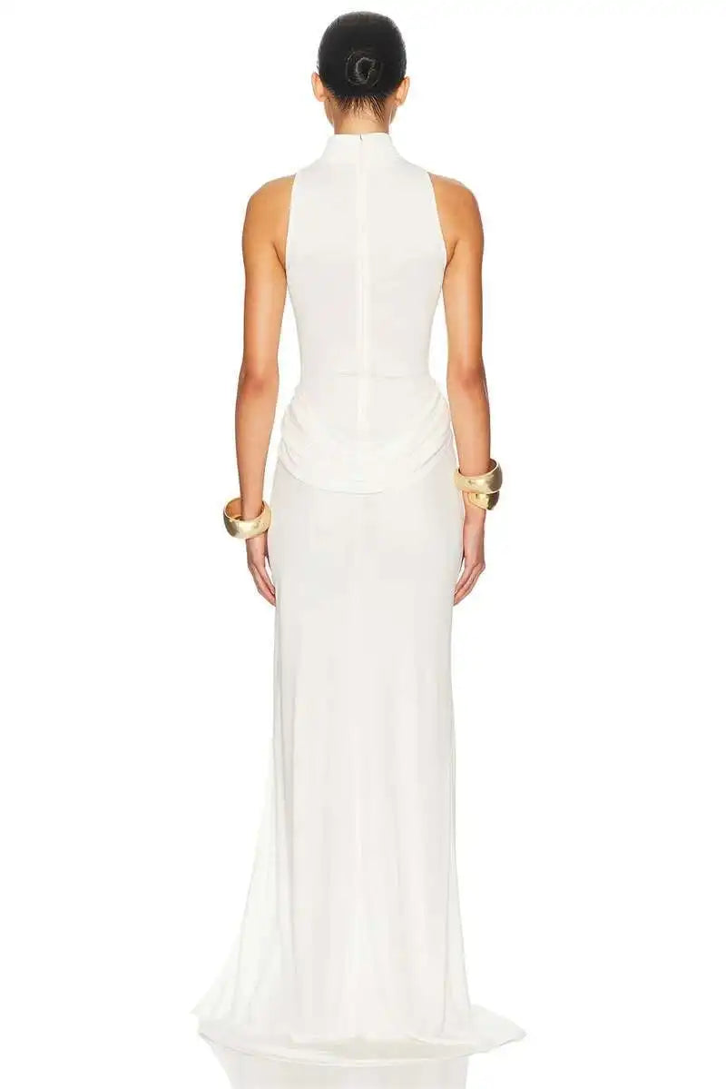 Pleated Maxi Dress - Off Shoulder Turtleneck Sleeveless High Waist Thigh Split Gown - ZOOMNSTORE