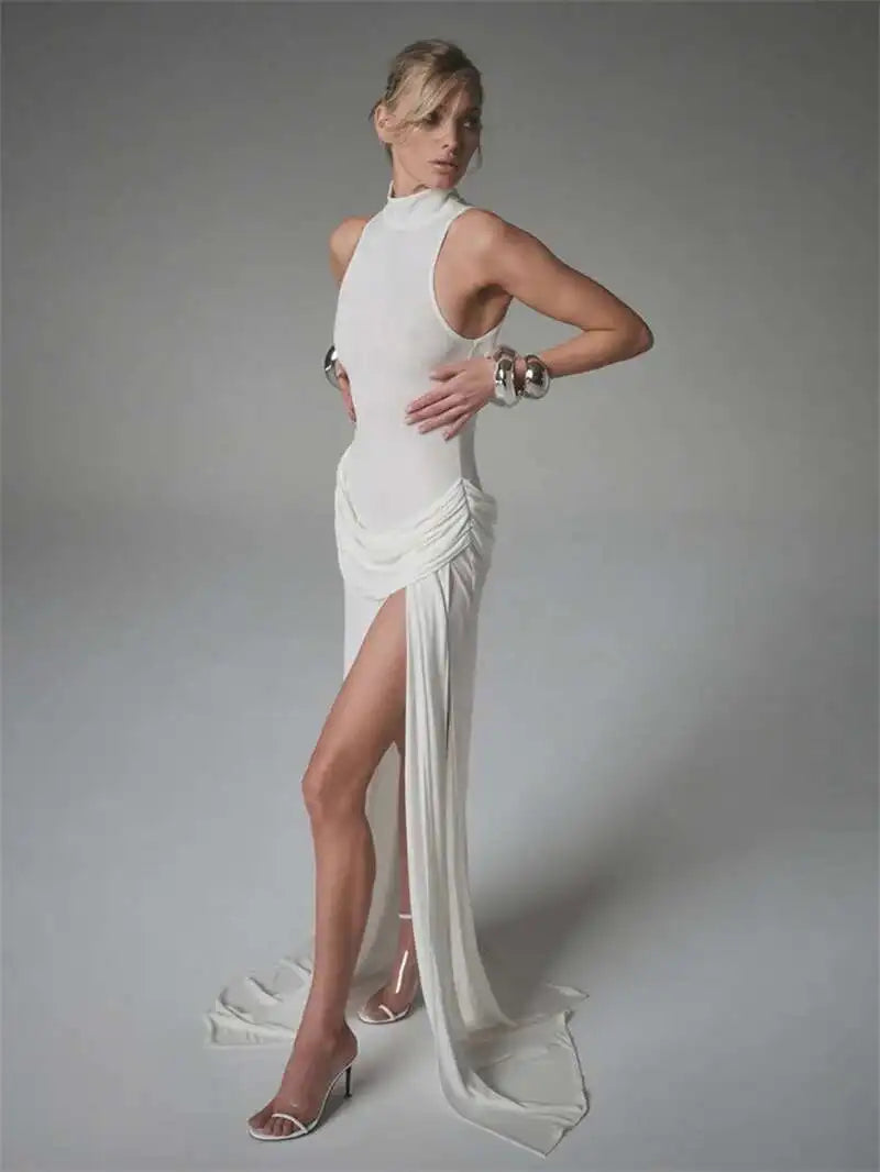 Pleated Maxi Dress - Off Shoulder Turtleneck Sleeveless High Waist Thigh Split Gown - ZOOMNSTORE
