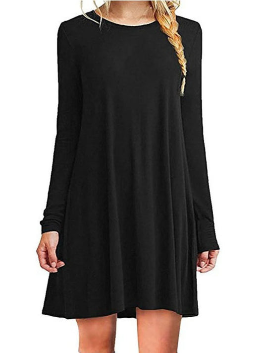 Womens Long Sleeve Swing Dress - Casual Solid Color Round Neck Autumn Winter - ZOOMNSTORE