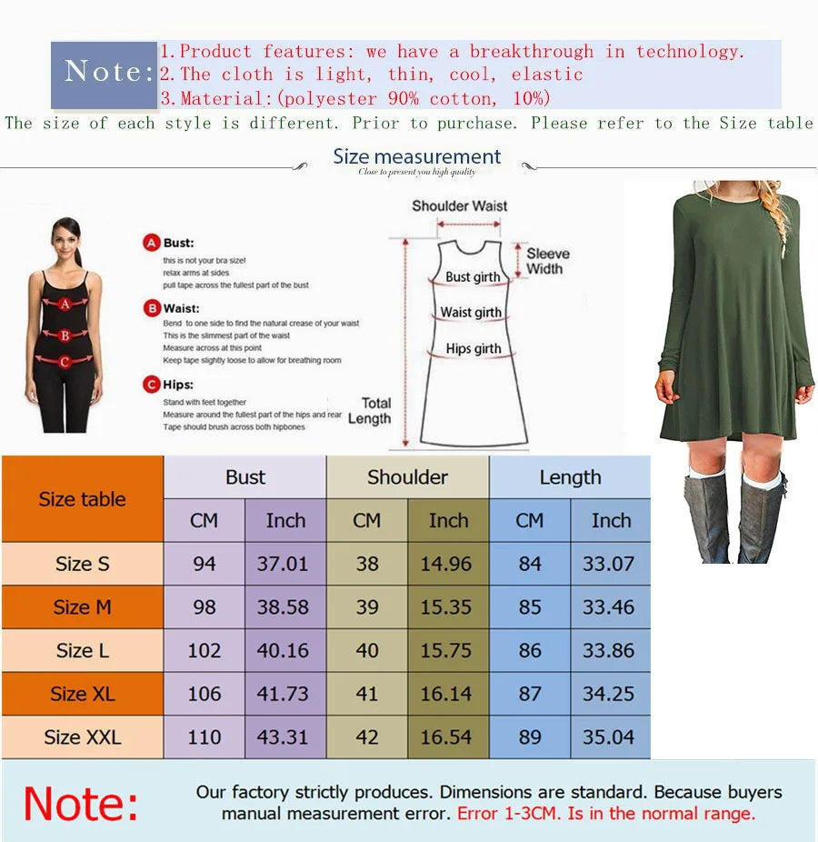 Womens Long Sleeve Swing Dress - Casual Solid Color Round Neck Autumn Winter - ZOOMNSTORE