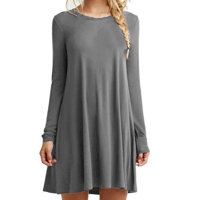 Womens Long Sleeve Swing Dress - Casual Solid Color Round Neck Autumn Winter - ZOOMNSTORE