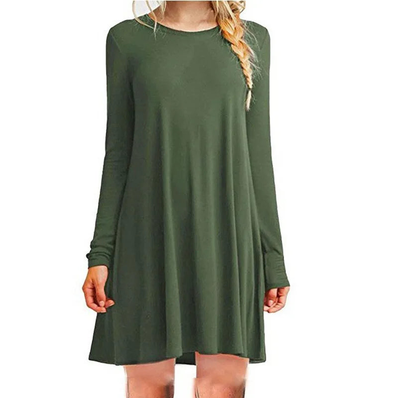 Womens Long Sleeve Swing Dress - Casual Solid Color Round Neck Autumn Winter - ZOOMNSTORE