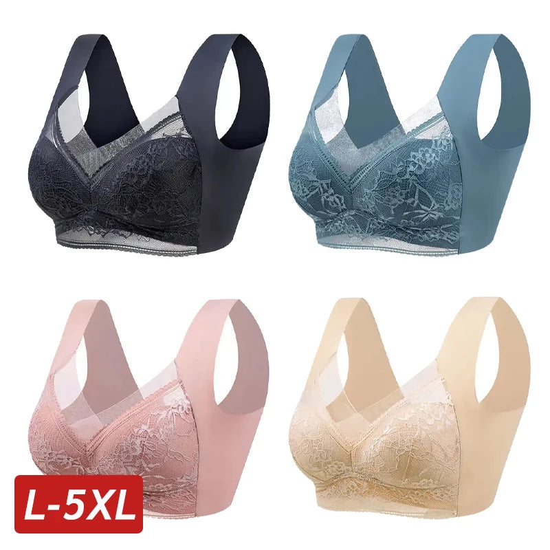 Plus Size Wireless Lace Bralette - L-5XL Seamless Push-Up Ice Silk Summer Bra - ZOOMNSTORE