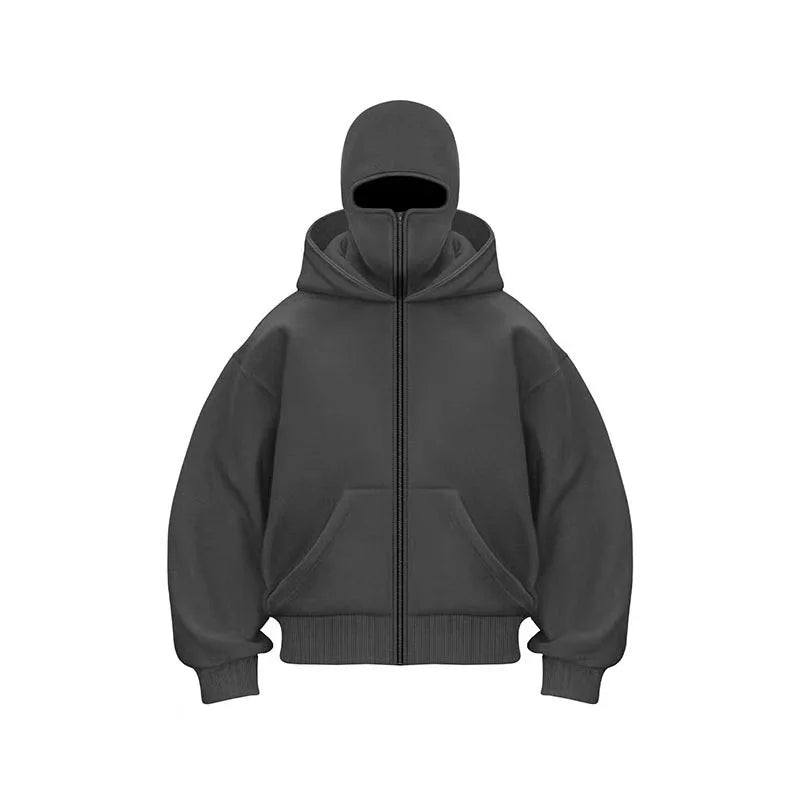 Plus Size Hoodie - Autumn Winter Casual Sportswear With Hooded Mask & Zipper Front - ZOOMNSTORE