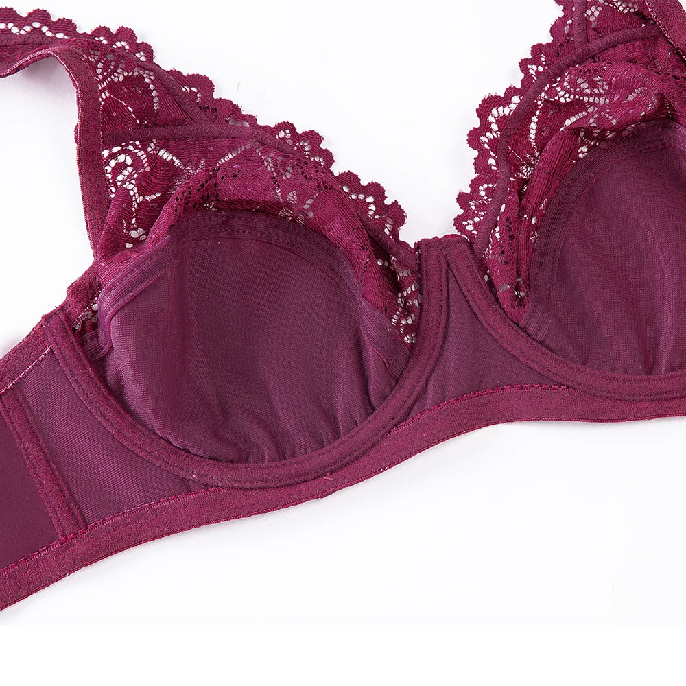Plus Size Lace Bra - Embroidered Floral Lace Lingerie With Underwire Support - ZOOMNSTORE