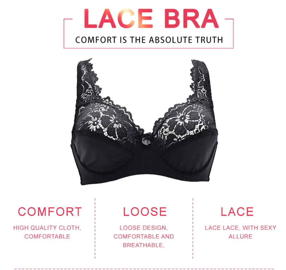 Plus Size Lace Bra - Embroidered Floral Lace Lingerie With Underwire Support - ZOOMNSTORE