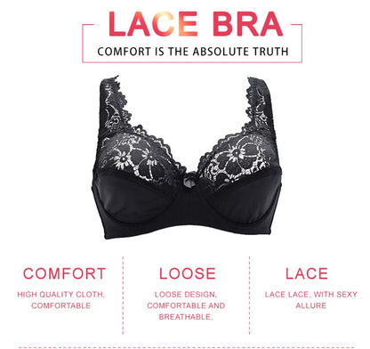 Plus Size Lace Bra - Embroidered Floral Lace Lingerie With Underwire Support - ZOOMNSTORE