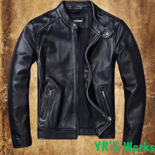 Plus Size Mens Classic Casual Leather Jacket - Slim Fit Cowhide Coat - ZOOMNSTORE