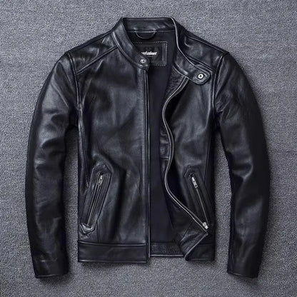 Plus Size Mens Classic Casual Leather Jacket - Slim Fit Cowhide Coat - ZOOMNSTORE