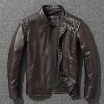 Plus Size Mens Classic Casual Leather Jacket - Slim Fit Cowhide Coat - ZOOMNSTORE