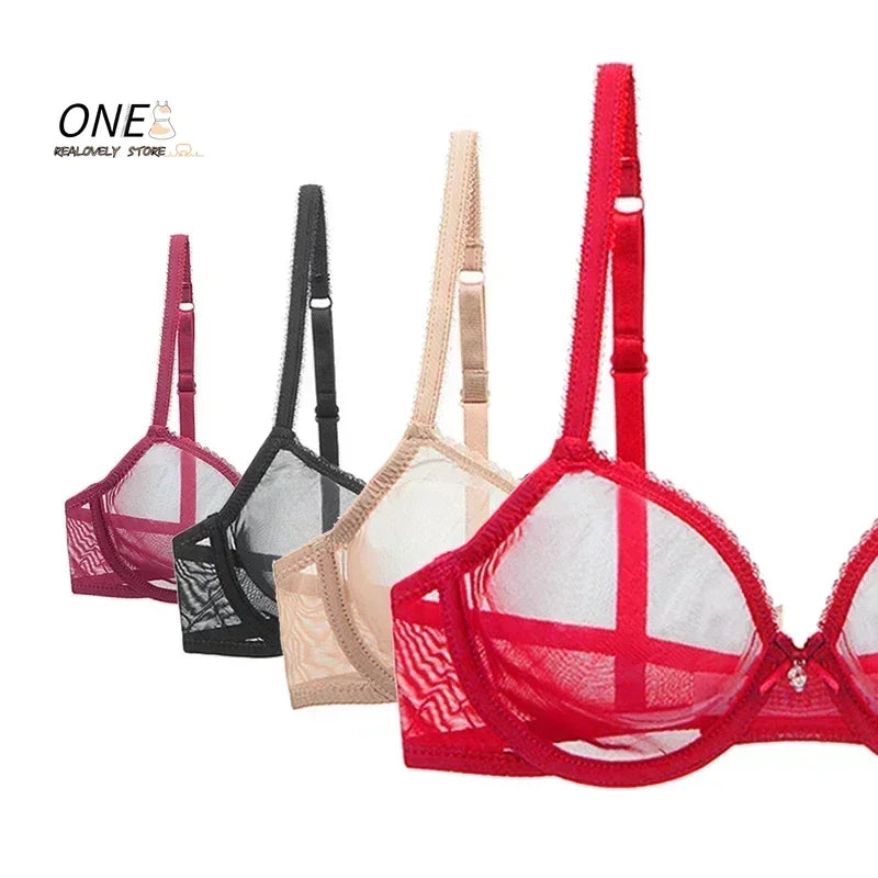 Plus Size Push Up Bra - Red Lace Transparent Lingerie With Adjustable Straps & Underwire - ZOOMNSTORE