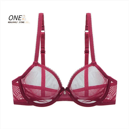Plus Size Push Up Bra - Red Lace Transparent Lingerie With Adjustable Straps & Underwire - ZOOMNSTORE