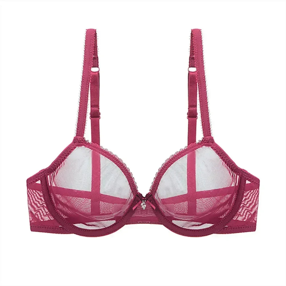 Plus Size Push Up Bra - Red Lace Transparent Lingerie With Adjustable Straps & Underwire - ZOOMNSTORE