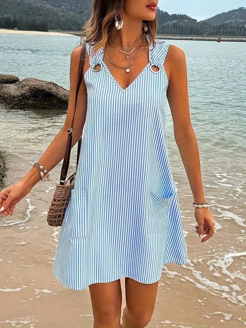 Plus Size Summer Dress - Blue and White Striped V-Neck Sleeveless with Pocket - ZOOMNSTORE