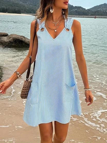 Plus Size Summer Dress - Blue and White Striped V-Neck Sleeveless with Pocket - ZOOMNSTORE