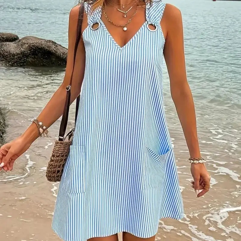 Plus Size Summer Dress - Blue and White Striped V-Neck Sleeveless with Pocket - ZOOMNSTORE