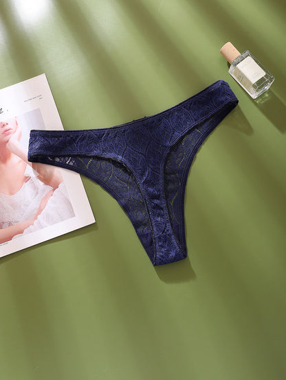 Plus Size Thong Panties - Women's Lace Sheer Breathable Mid-Rise G-String Underwear - ZOOMNSTORE