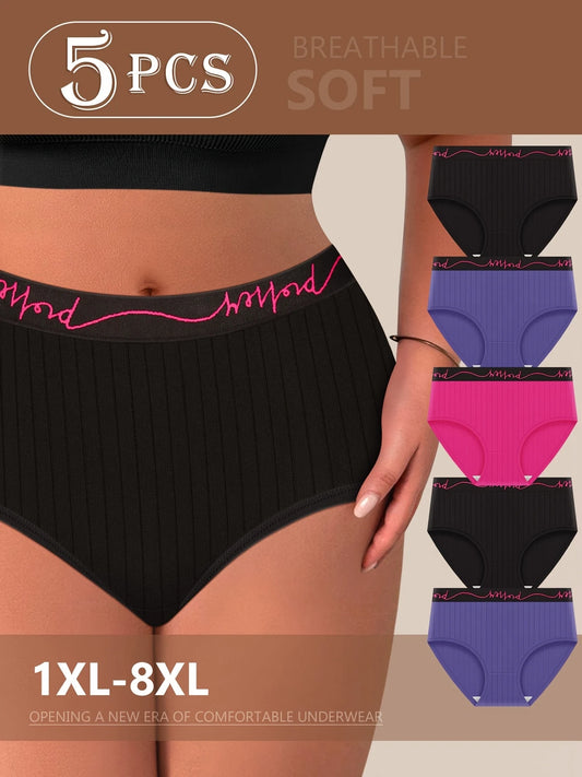 Plus Size Underwear - 5pcs Pack Oversized Panties with Letter Waistband & Vertical Stripes - ZOOMNSTORE