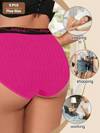 Plus Size Underwear - 5pcs Pack Oversized Panties with Letter Waistband & Vertical Stripes - ZOOMNSTORE