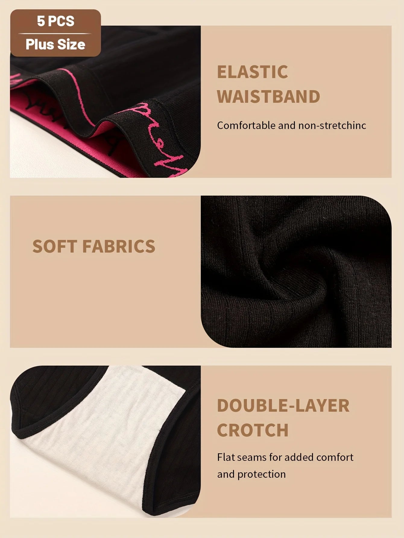 Plus Size Underwear - 5pcs Pack Oversized Panties with Letter Waistband & Vertical Stripes - ZOOMNSTORE