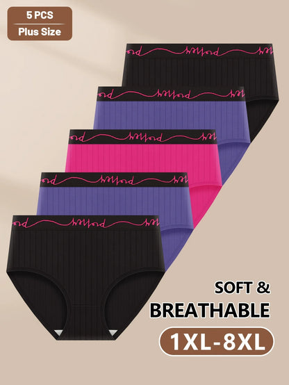 Plus Size Underwear - 5pcs Pack Oversized Panties with Letter Waistband & Vertical Stripes - ZOOMNSTORE
