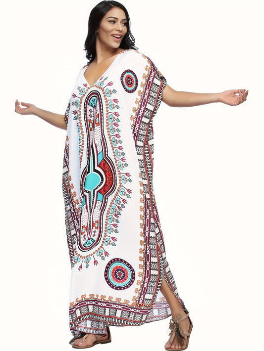 Plus Size V Neck Caftan Dress - Allover Print Maxi Cover Up - ZOOMNSTORE