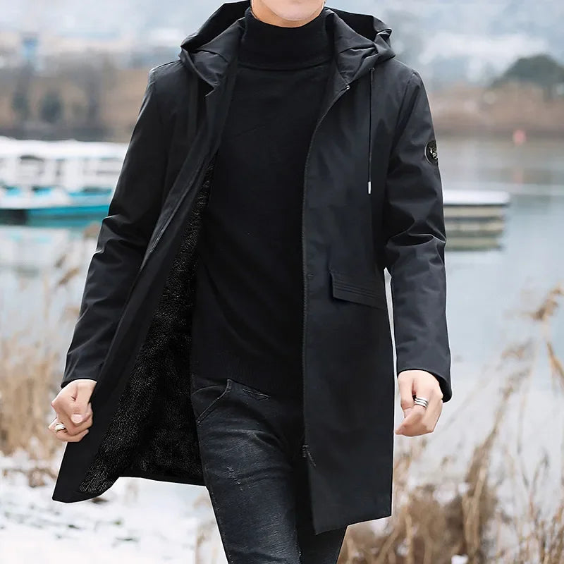Plus Size Winter Jacket - Men's Fleece Parka Black Hooded Coat With Silk-Like Cotton Filling - ZOOMNSTORE