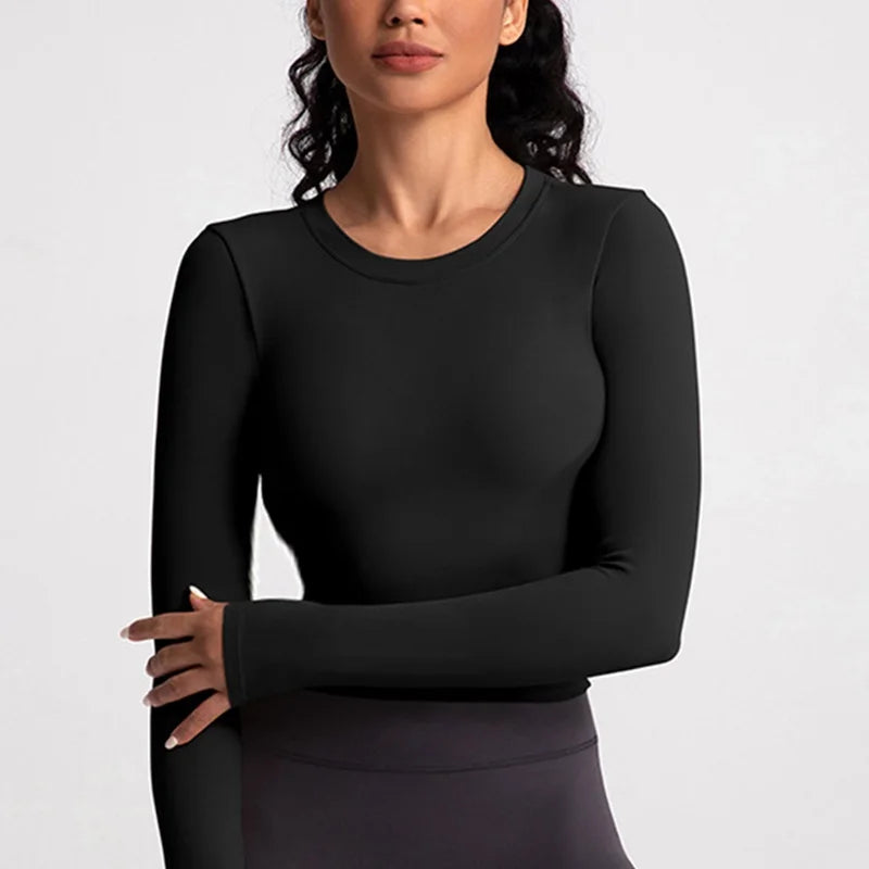 Plus Size Womens Black Long Sleeve Yoga Shirt - Fitness  Running Top - ZOOMNSTORE